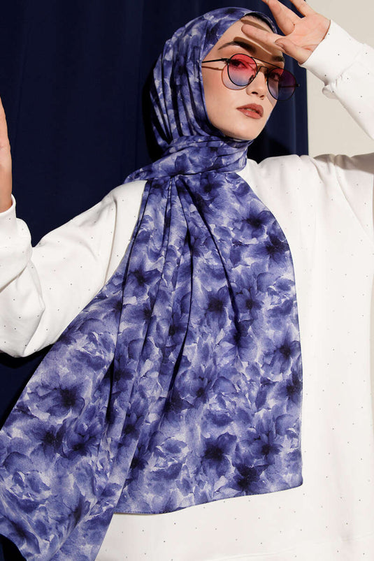 Çiçek Desenli Rami Şal Lacivert