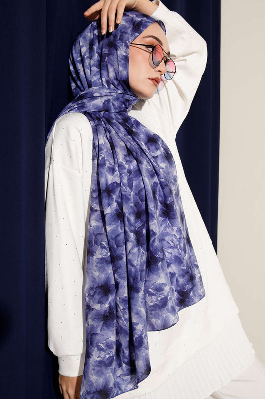 Çiçek Desenli Rami Şal Lacivert