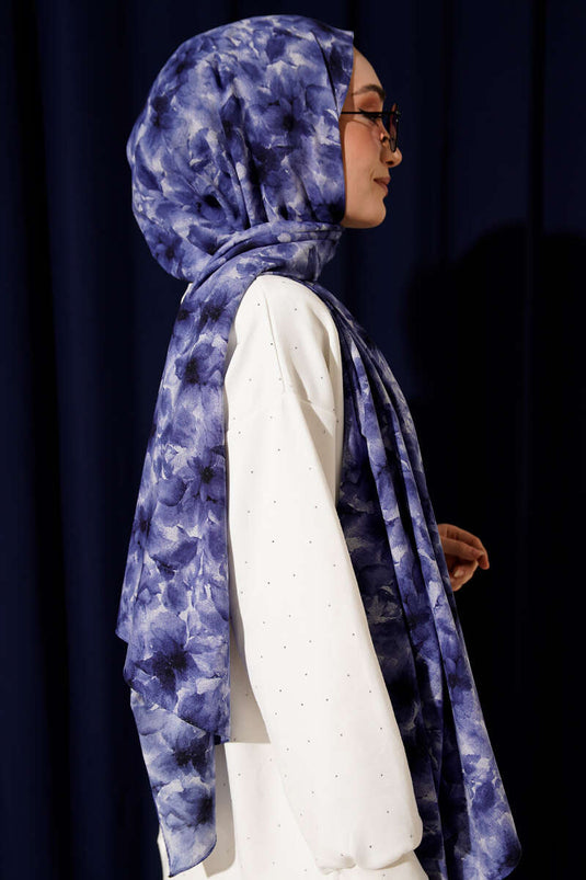 Çiçek Desenli Rami Şal Lacivert