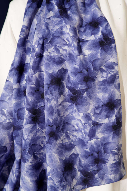 Çiçek Desenli Rami Şal Lacivert