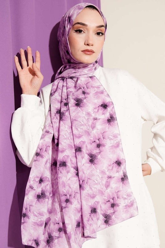 Çiçek Desenli Rami Şal Lila