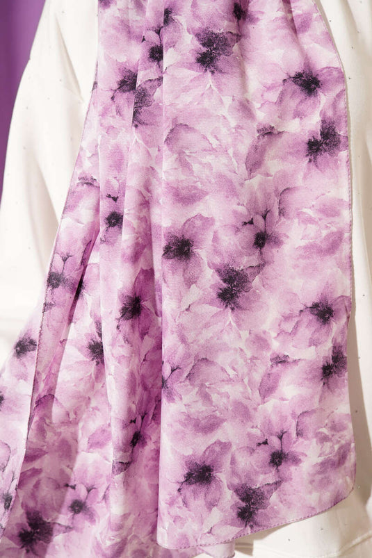 Çiçek Desenli Rami Şal Lila