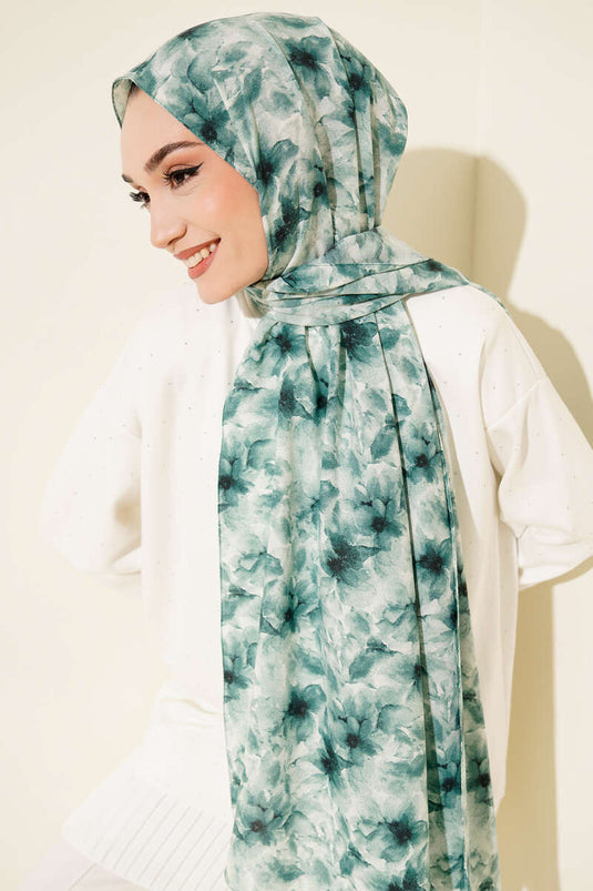 Çiçek Desenli Rami Şal Petrol Yeşili