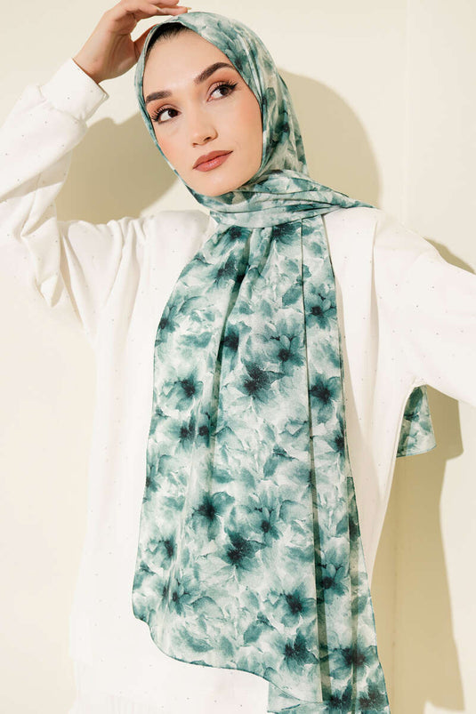 Çiçek Desenli Rami Şal Petrol Yeşili