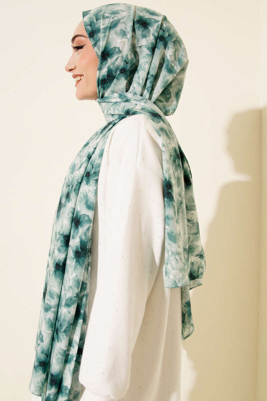 Çiçek Desenli Rami Şal Petrol Yeşili