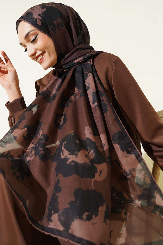 Çiçek Desenli Ribana Şal Acı Kahve