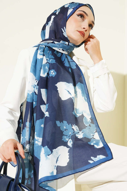 وشاح مضلع بنقشة زهور، لون نيلي