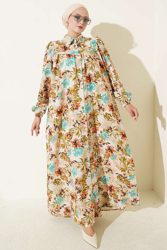 Beige Blumenmuster Kleid Mit Rüsche