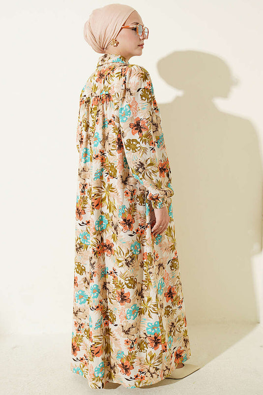 Beige Blumenmuster Kleid Mit Rüsche