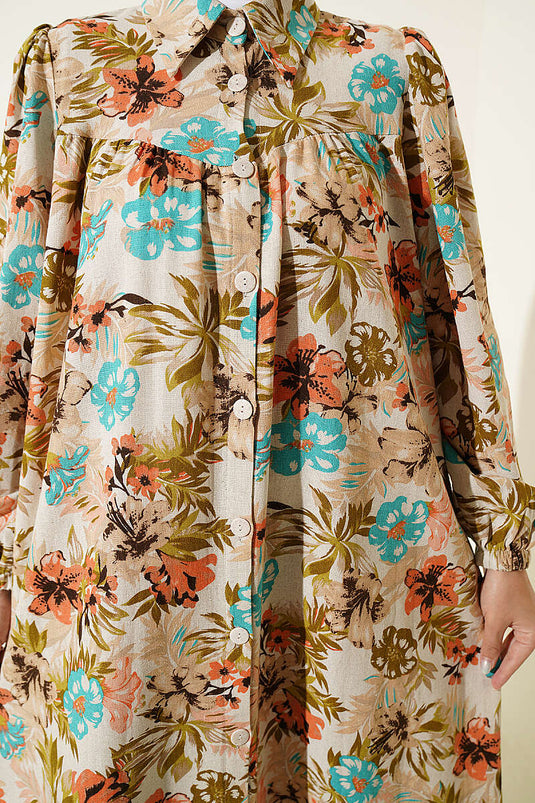 Beige Blumenmuster Kleid Mit Rüsche
