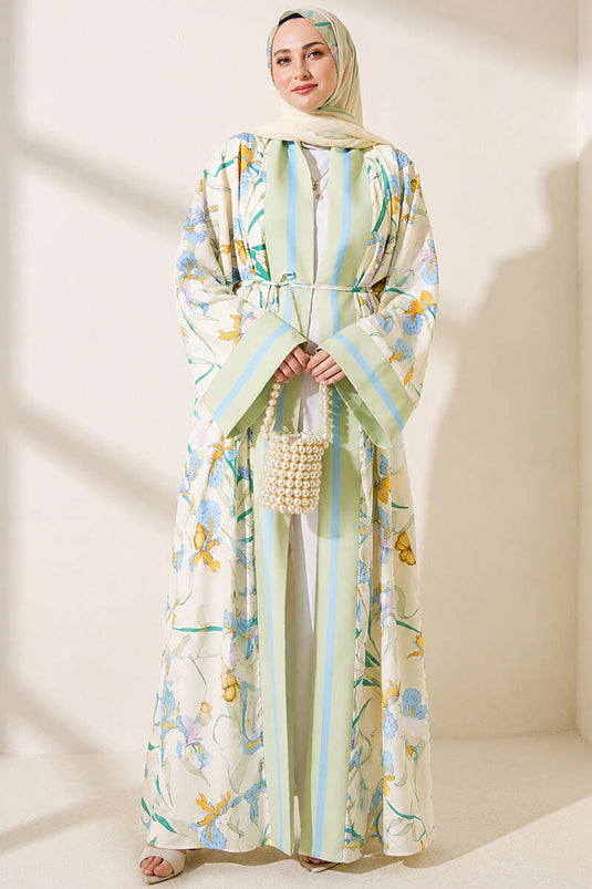 Çiçek Desenli Şal Detaylı Kimono Çağla Yeşili
