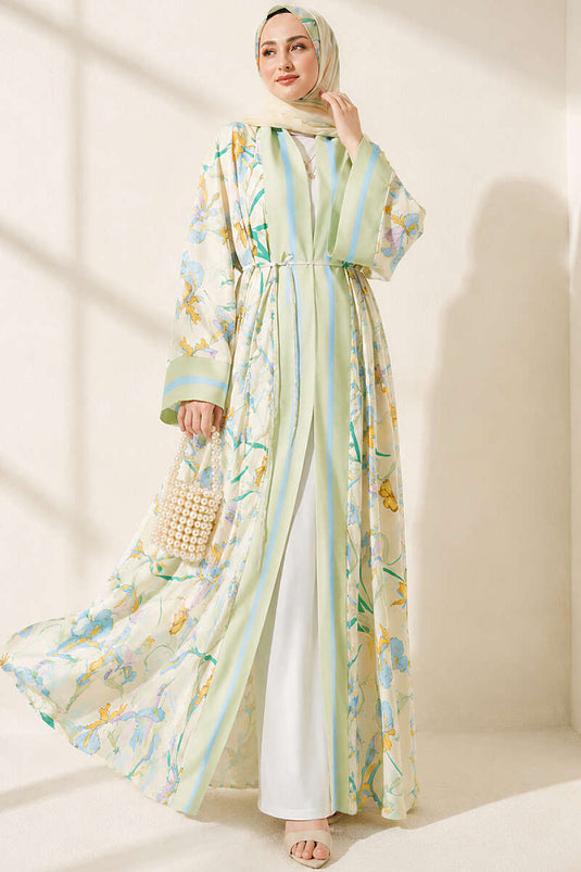 Çiçek Desenli Şal Detaylı Kimono Çağla Yeşili