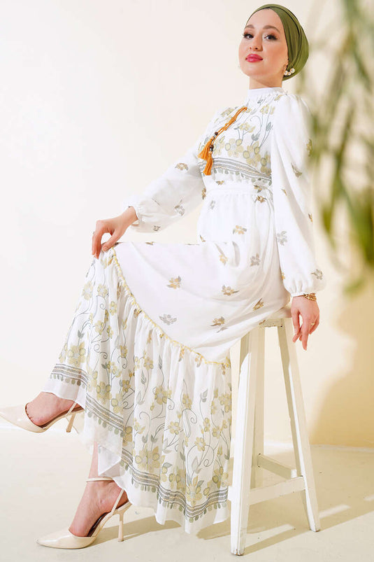 فستان شيفون منقوش بالزهور الخردل