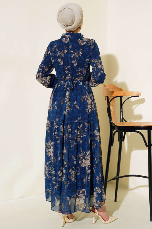 فستان شيفون منقوش بالورود أزرق داكن