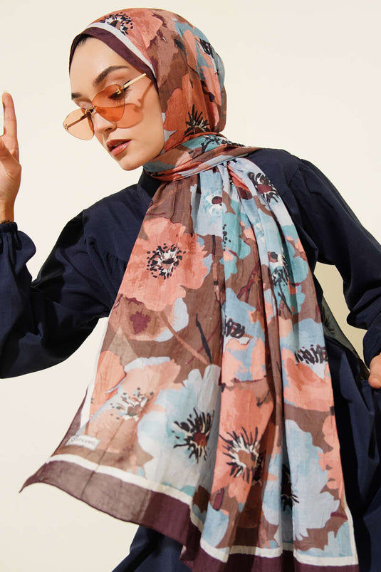 Çiçek Desenli Soft Bambu Kraş Şal Acı Kahve