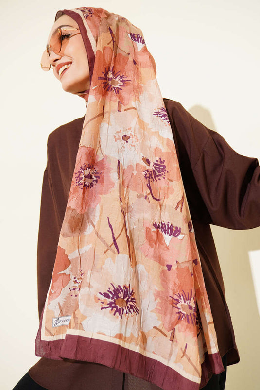 Çiçek Desenli Soft Bambu Kraş Şal Kahve