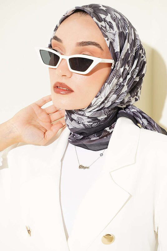 Floral Patterned Soft Scarf Anthracite