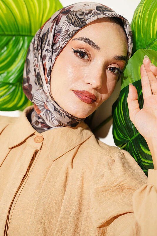 Foulard Morbido Con Motivi Floreali Khaki