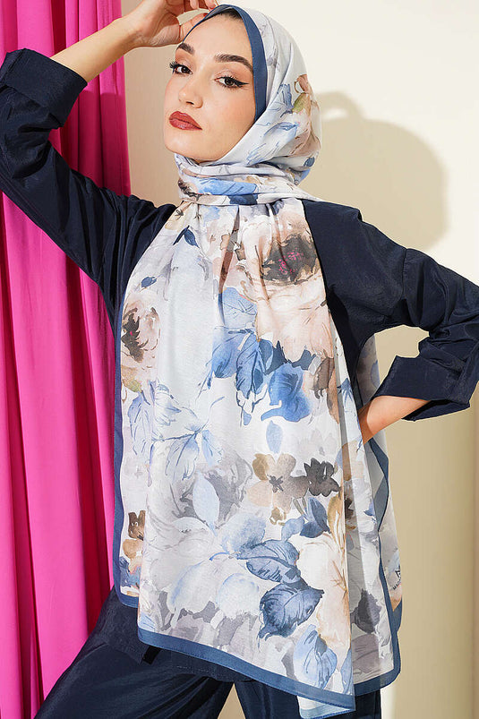 Floral Patterned Soft Shawl Petrol Blue