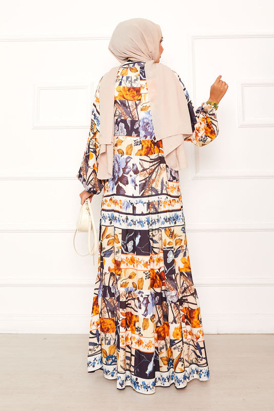 Çiçek Desenli Viskon Elbise Lacivert