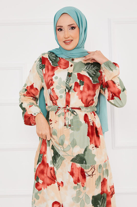 Hijab-Kleid aus Viskose mit Blumenmuster, Weinrot