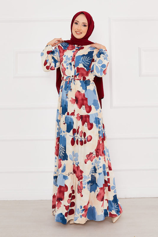 Floral Patterned Viscose Modest Dress Fuchsia