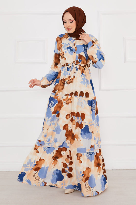 Floral Patterned Viscose Modest Dress Indigo