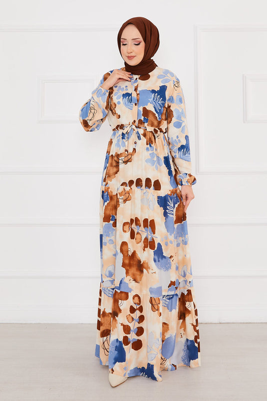 Floral Patterned Viscose Modest Dress Indigo