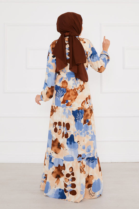 Floral Patterned Viscose Modest Dress Indigo