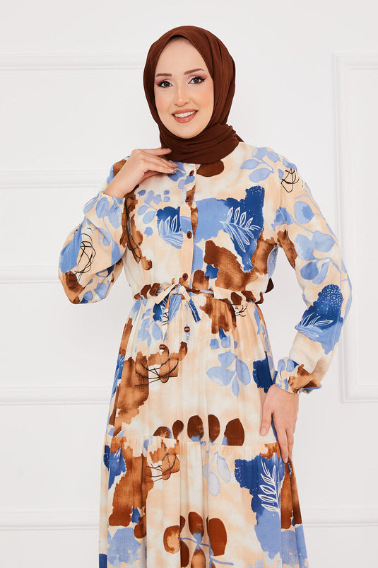 Floral Patterned Viscose Modest Dress Indigo