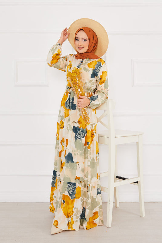 Flower Patterned Viscose Hijab Dress Mint