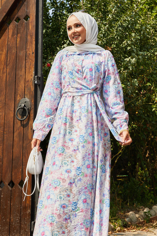 فستان أزرق بنقشة زهور ورباط جانبي