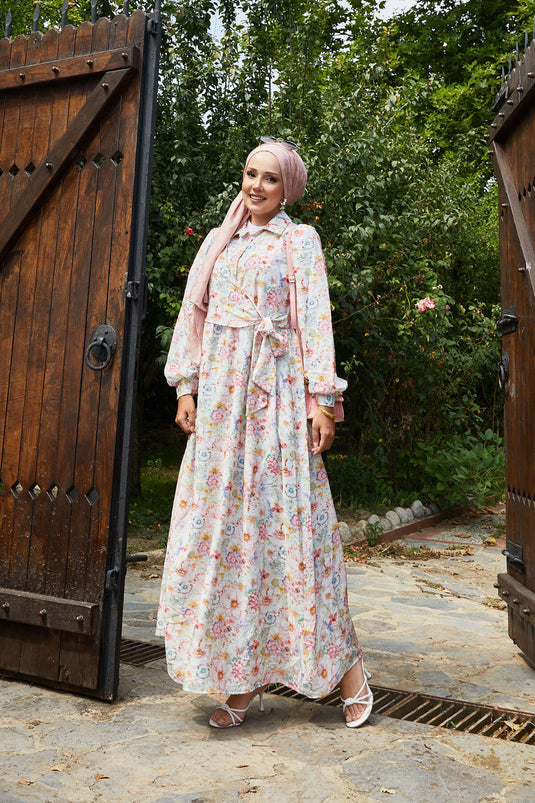 Jurk met bloemenmotief en strik aan de zijkant, roze