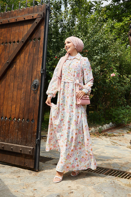 Jurk met bloemenmotief en strik aan de zijkant, roze