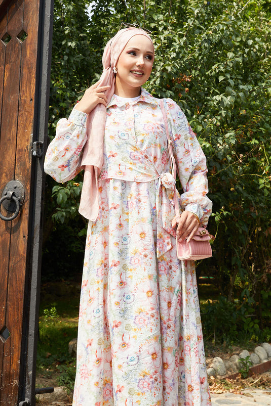 Jurk met bloemenmotief en strik aan de zijkant, roze