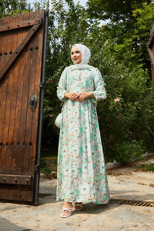 Kleid mit Blumenmuster und seitlicher Schnürung Grün