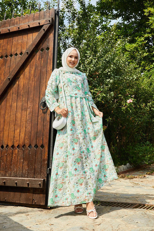 Kleid mit Blumenmuster und seitlicher Schnürung Grün