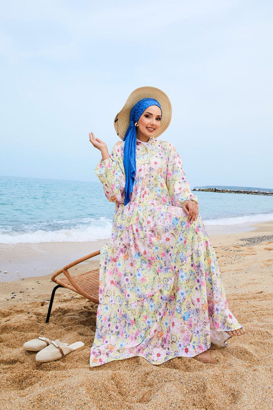 Digital Printed Modal Hijab Dress Yellow