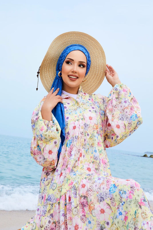 Digital Printed Modal Hijab Dress Yellow