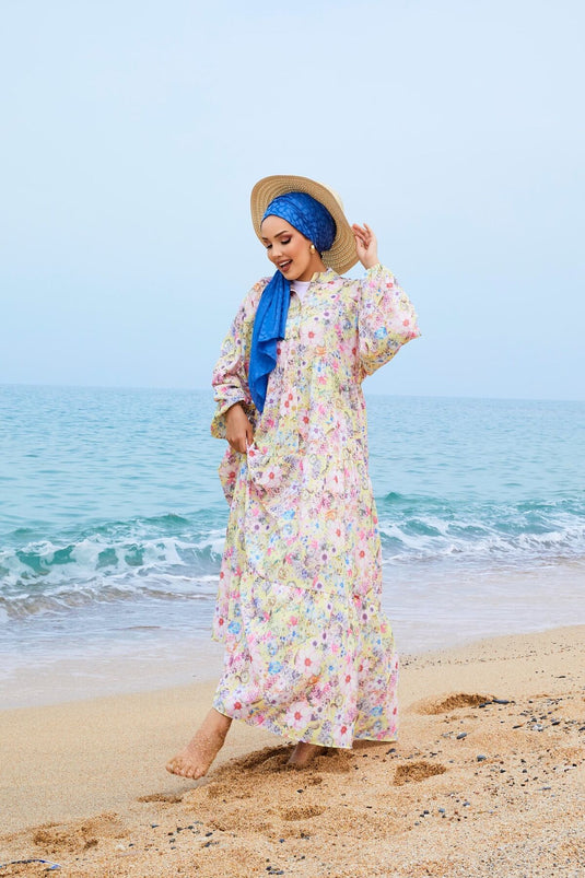 Digital Printed Modal Hijab Dress Yellow