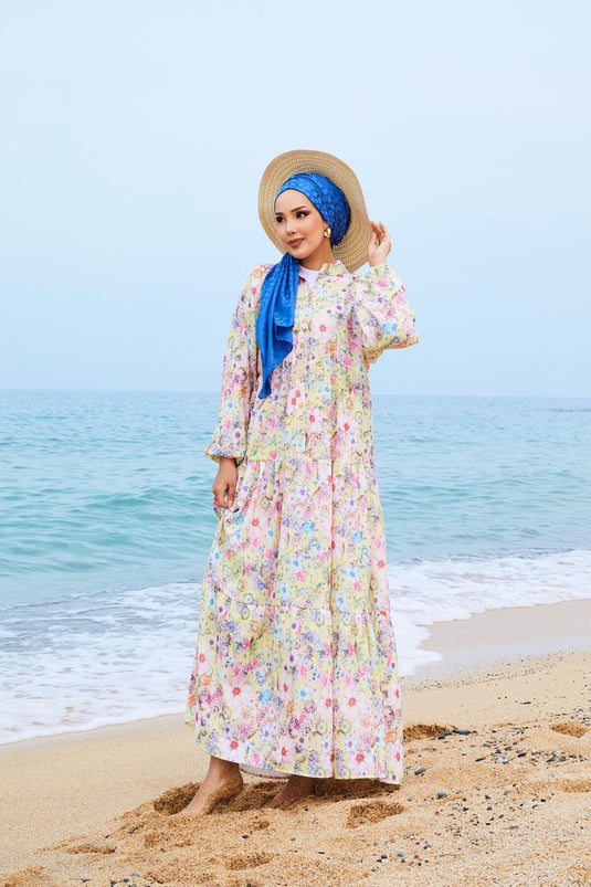 Digital Printed Modal Hijab Dress Yellow