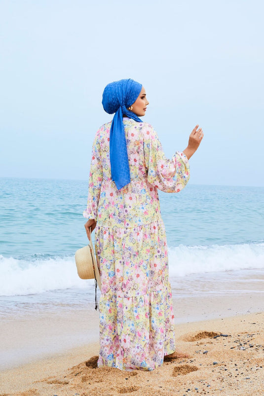 Digital Printed Modal Hijab Dress Yellow