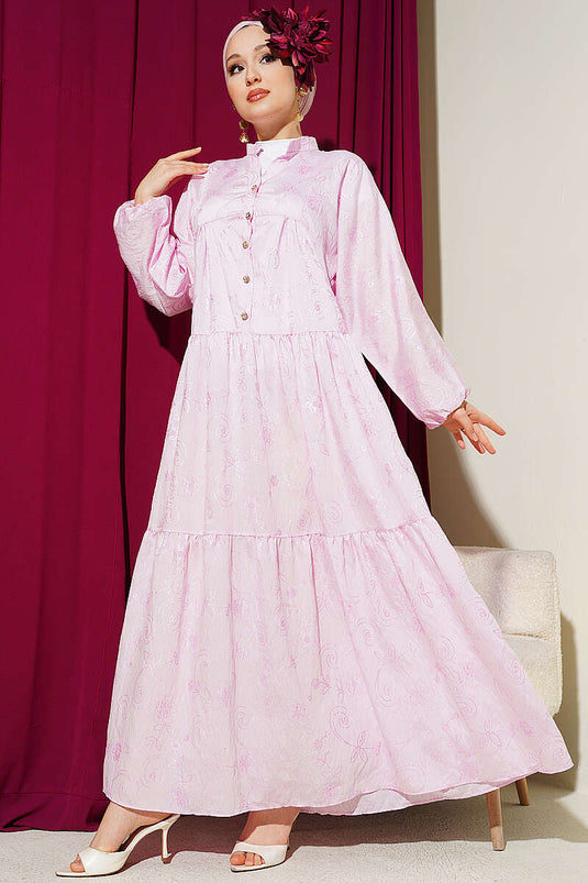 Robe à motifs floraux avec demi-boutons rose