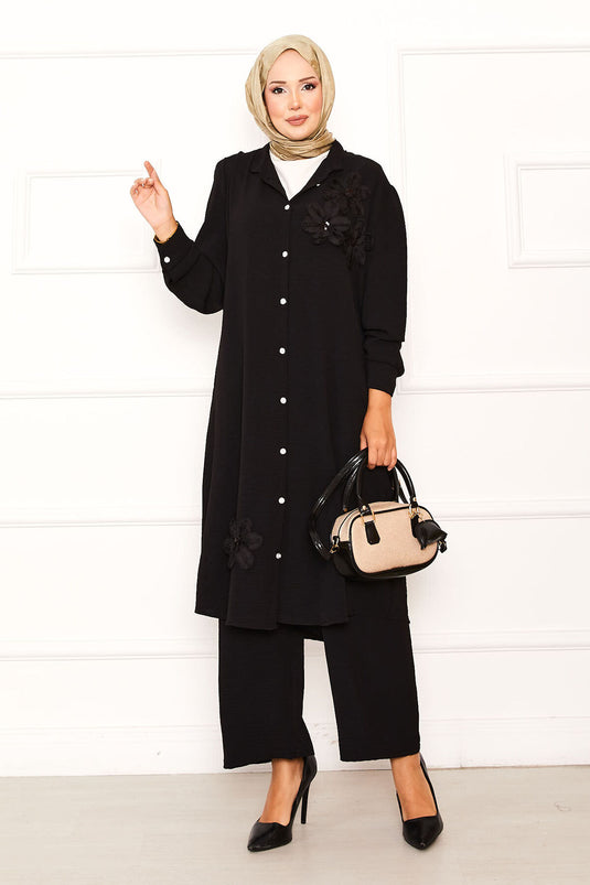 Floral Detailed Buttoned Two Piece Suit Black