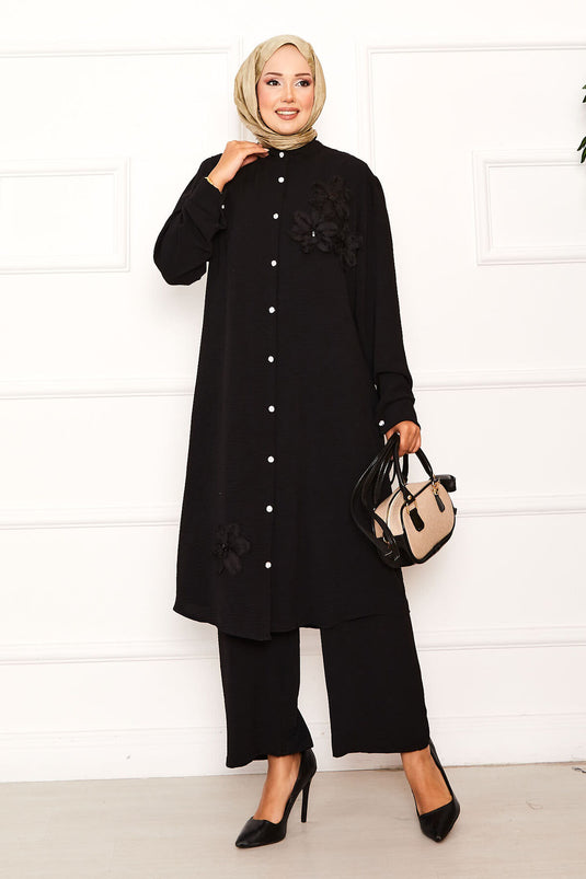 Floral Detailed Buttoned Two Piece Suit Black