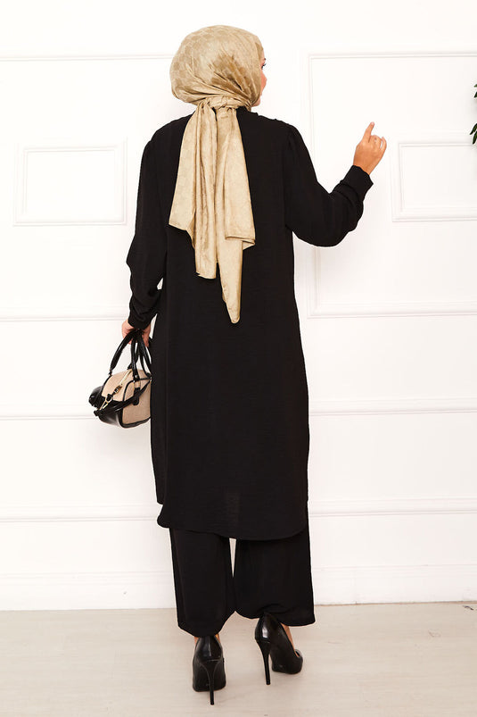 Floral Detailed Buttoned Two Piece Suit Black