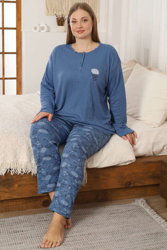 Ensemble de pyjama pour femme grande taille avec détails floraux indigo
