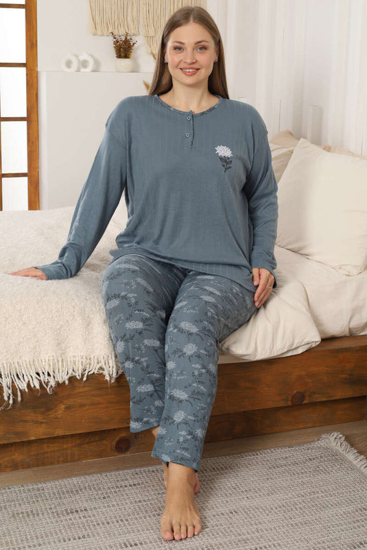 Ensemble de pyjama pour femme grande taille avec détails floraux, couleur pétrole