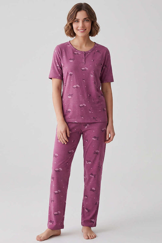 Floral Detailed Buttoned Short Sleeve Pajama Set Magenta