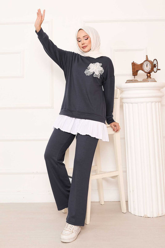 Oysho Suit Gray with Pleated Skirt and Flower Detail